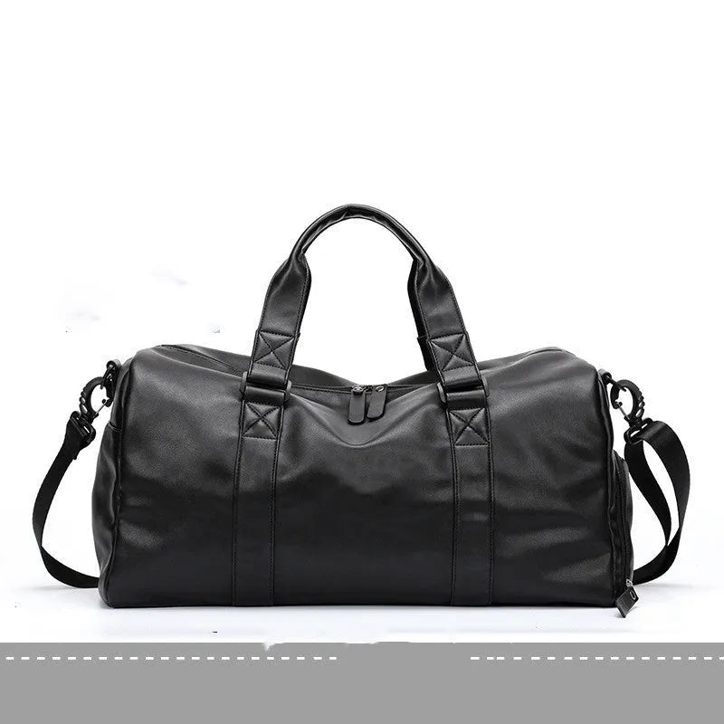 Large black waterproof PU leather sports training bag with multiple internal compartments.