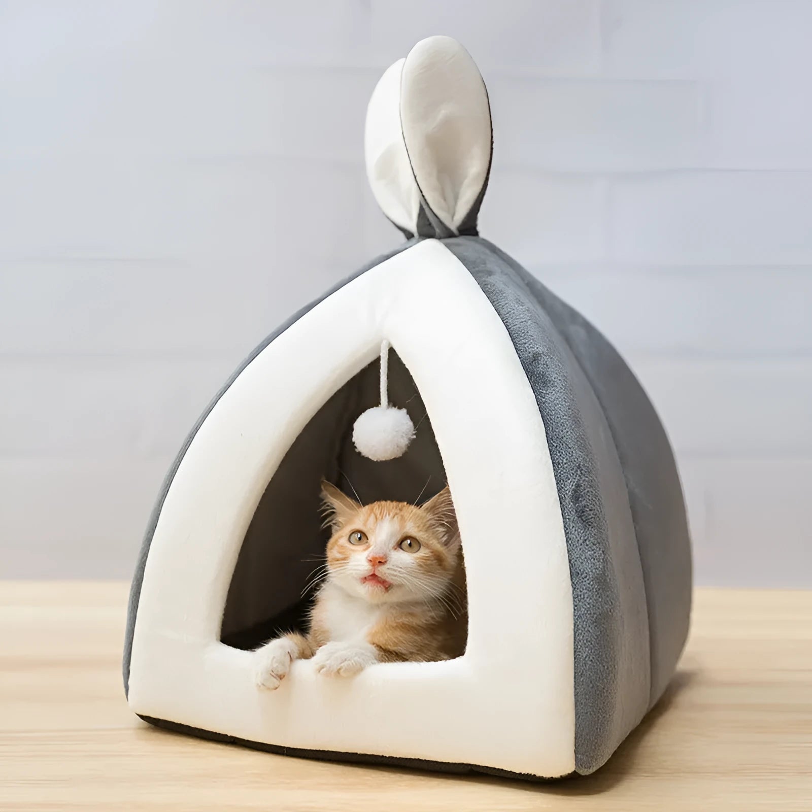 Grey cloth cat house villa pet bed showing enclosed design with entry opening