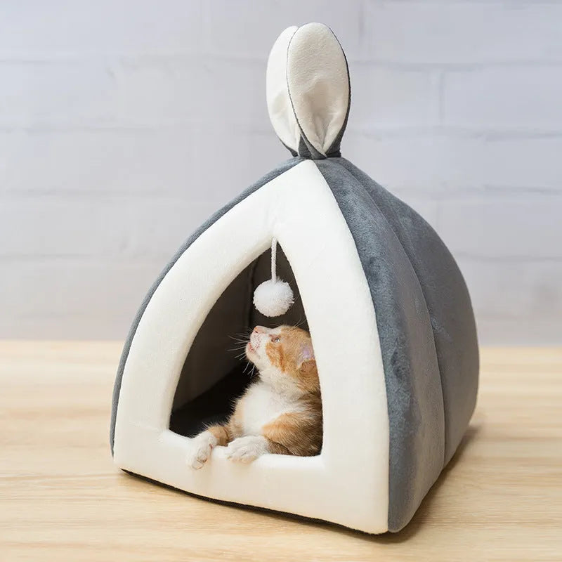 Grey cloth cat house villa pet bed showing enclosed design with entry opening