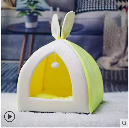 Grey cloth cat house villa pet bed showing enclosed design with entry opening