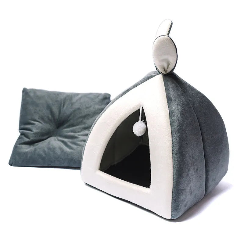 Grey cloth cat house villa pet bed showing enclosed design with entry opening