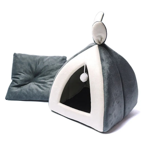 Grey cloth cat house villa pet bed showing enclosed design with entry opening