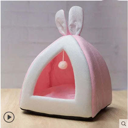 Grey cloth cat house villa pet bed showing enclosed design with entry opening