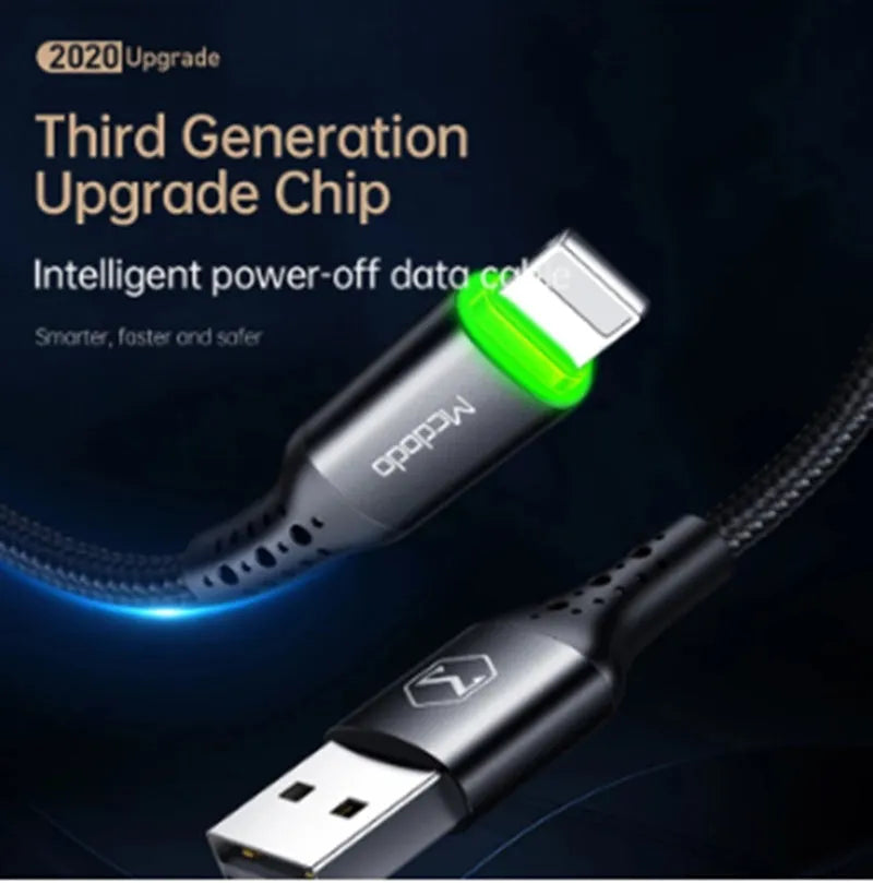 Black Apple-compatible charger cable with LED light showing smart power-off feature for iPhones.