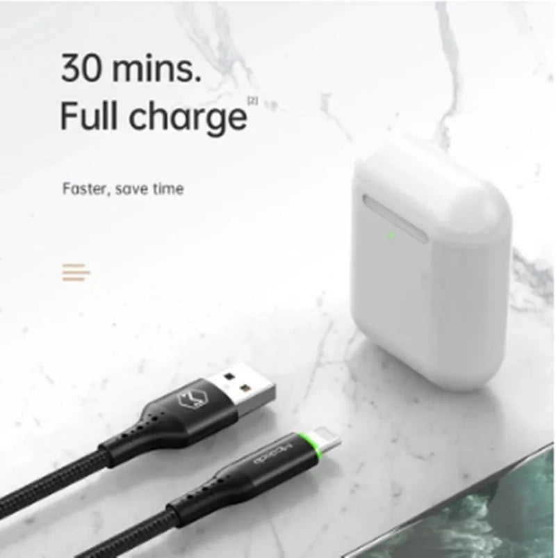 Black Apple-compatible charger cable with LED light showing smart power-off feature for iPhones.