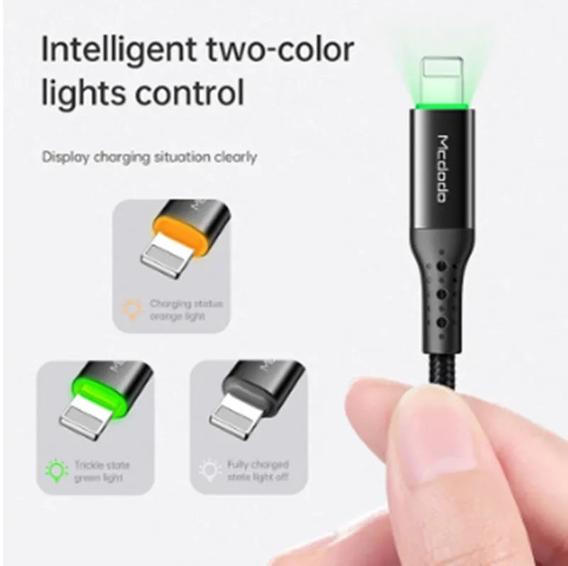 Black Apple-compatible charger cable with LED light showing smart power-off feature for iPhones.