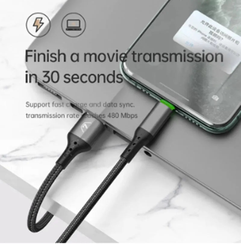 Black Apple-compatible charger cable with LED light showing smart power-off feature for iPhones.
