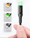 Black Apple-compatible charger cable with LED light showing smart power-off feature for iPhones.