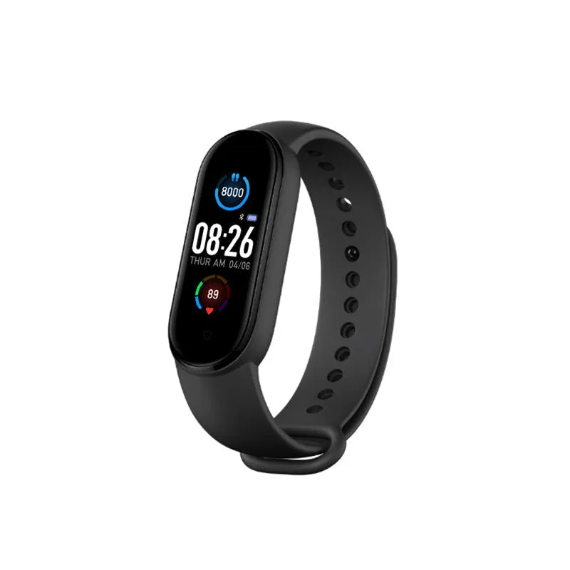 M5 smart fitness bracelet in black on a wrist, showing the 0.96-inch touch screen displaying heart rate data.