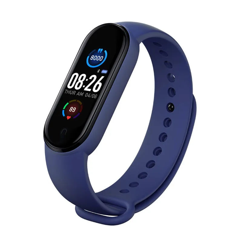 M5 smart fitness bracelet in black on a wrist, showing the 0.96-inch touch screen displaying heart rate data.