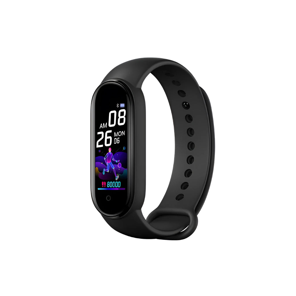 M5 smart fitness bracelet in black on a wrist, showing the 0.96-inch touch screen displaying heart rate data.