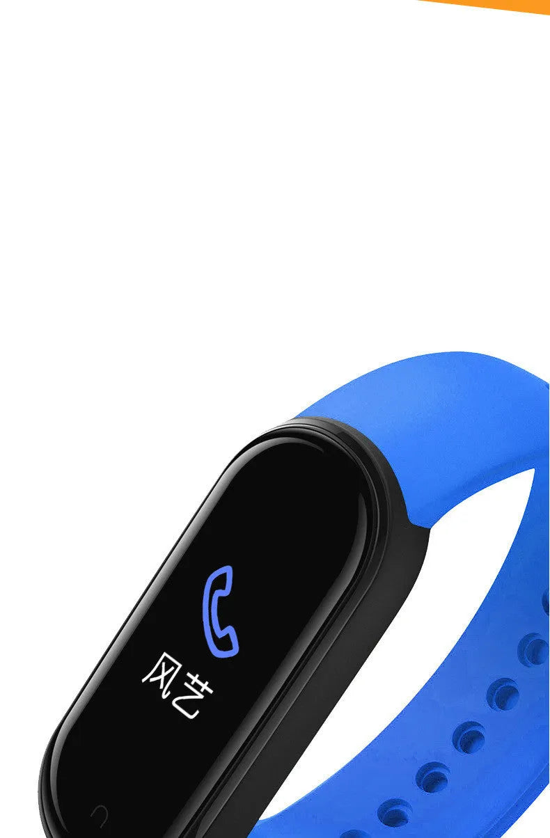 M5 smart fitness bracelet in black on a wrist, showing the 0.96-inch touch screen displaying heart rate data.