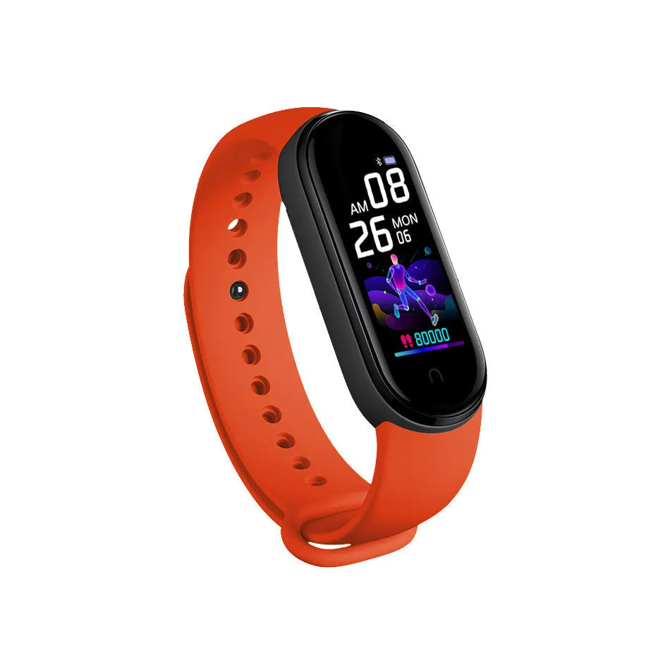 M5 smart fitness bracelet in black on a wrist, showing the 0.96-inch touch screen displaying heart rate data.