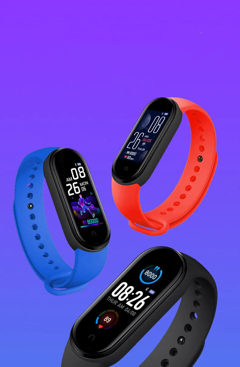 M5 smart fitness bracelet in black on a wrist, showing the 0.96-inch touch screen displaying heart rate data.