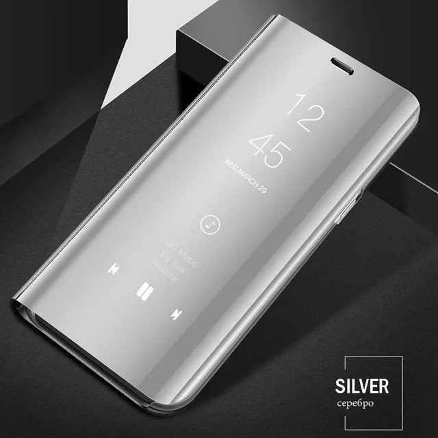 Samsung Galaxy mirror flip case in black showing the front cover closed and the integrated kickstand deployed.