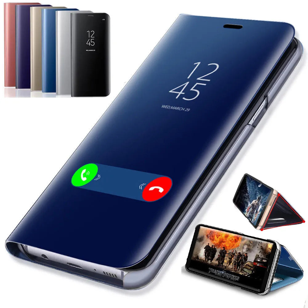 Samsung Galaxy mirror flip case in black showing the front cover closed and the integrated kickstand deployed.
