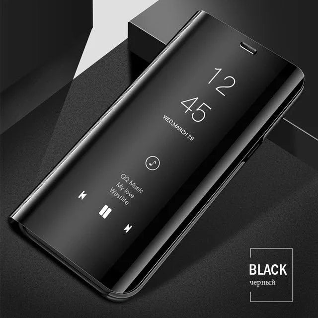 Samsung Galaxy mirror flip case in black showing the front cover closed and the integrated kickstand deployed.