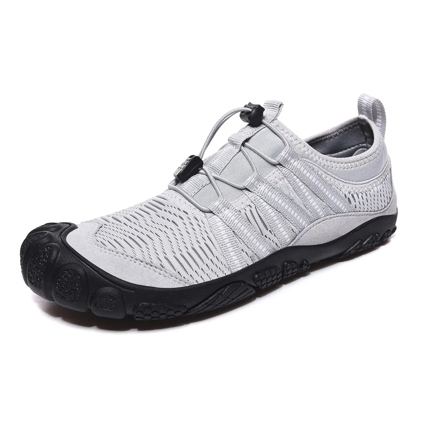 Low-profile mesh water shoes with rubber sole in black, grey, blue, or purple for river tracing and wading.