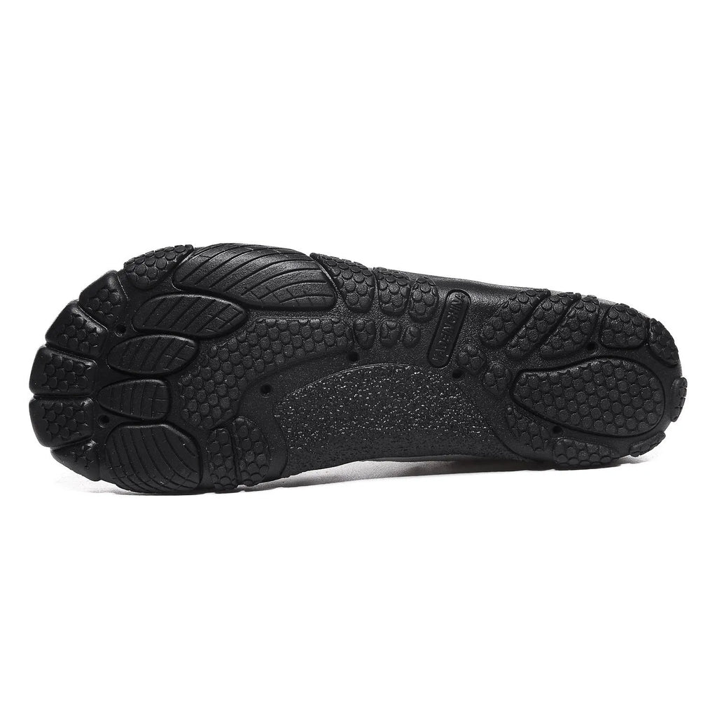 Low-profile mesh water shoes with rubber sole in black, grey, blue, or purple for river tracing and wading.