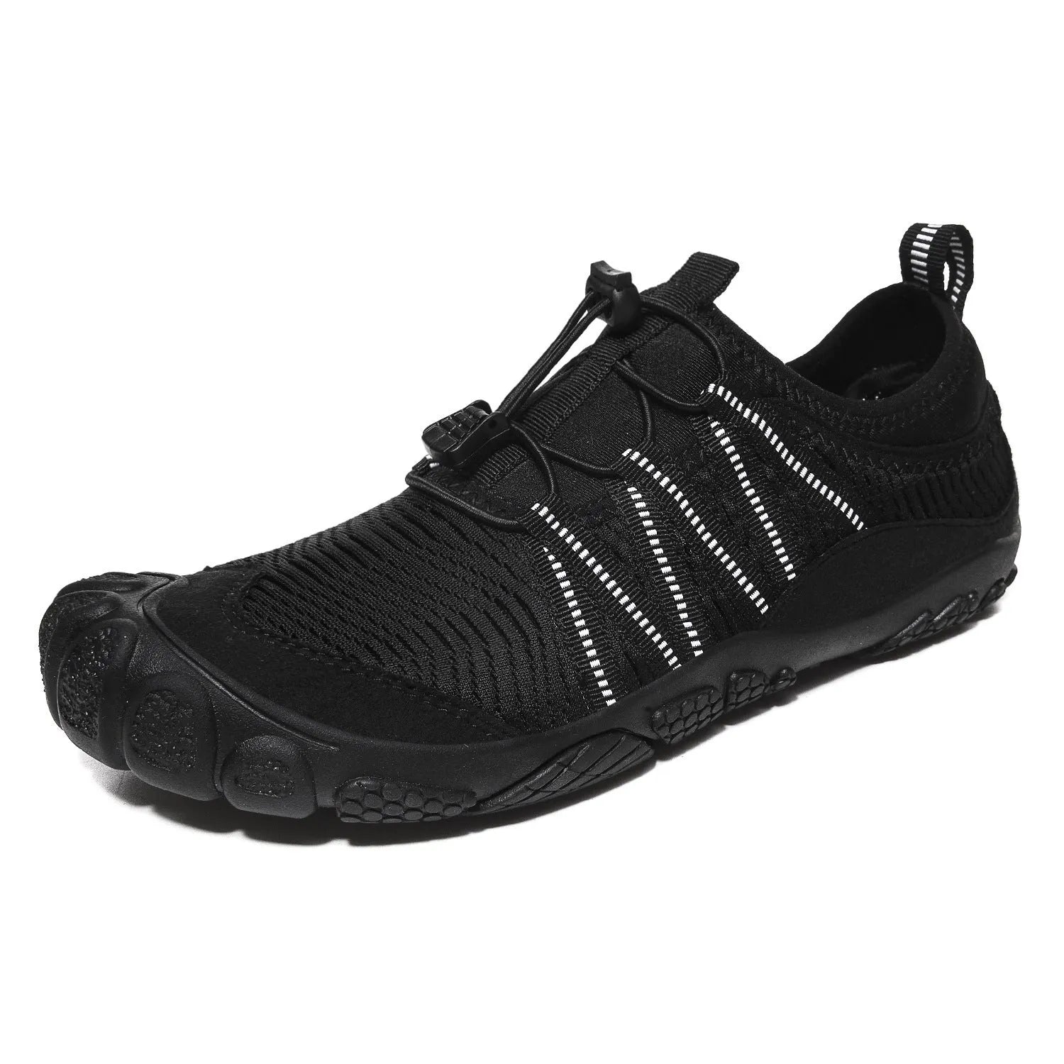 Low-profile mesh water shoes with rubber sole in black, grey, blue, or purple for river tracing and wading.