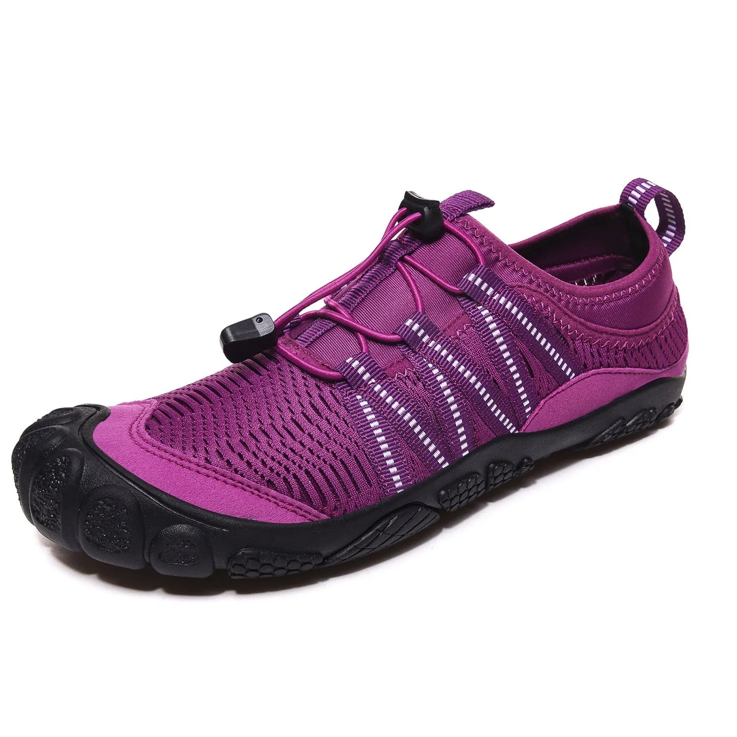 Low-profile mesh water shoes with rubber sole in black, grey, blue, or purple for river tracing and wading.