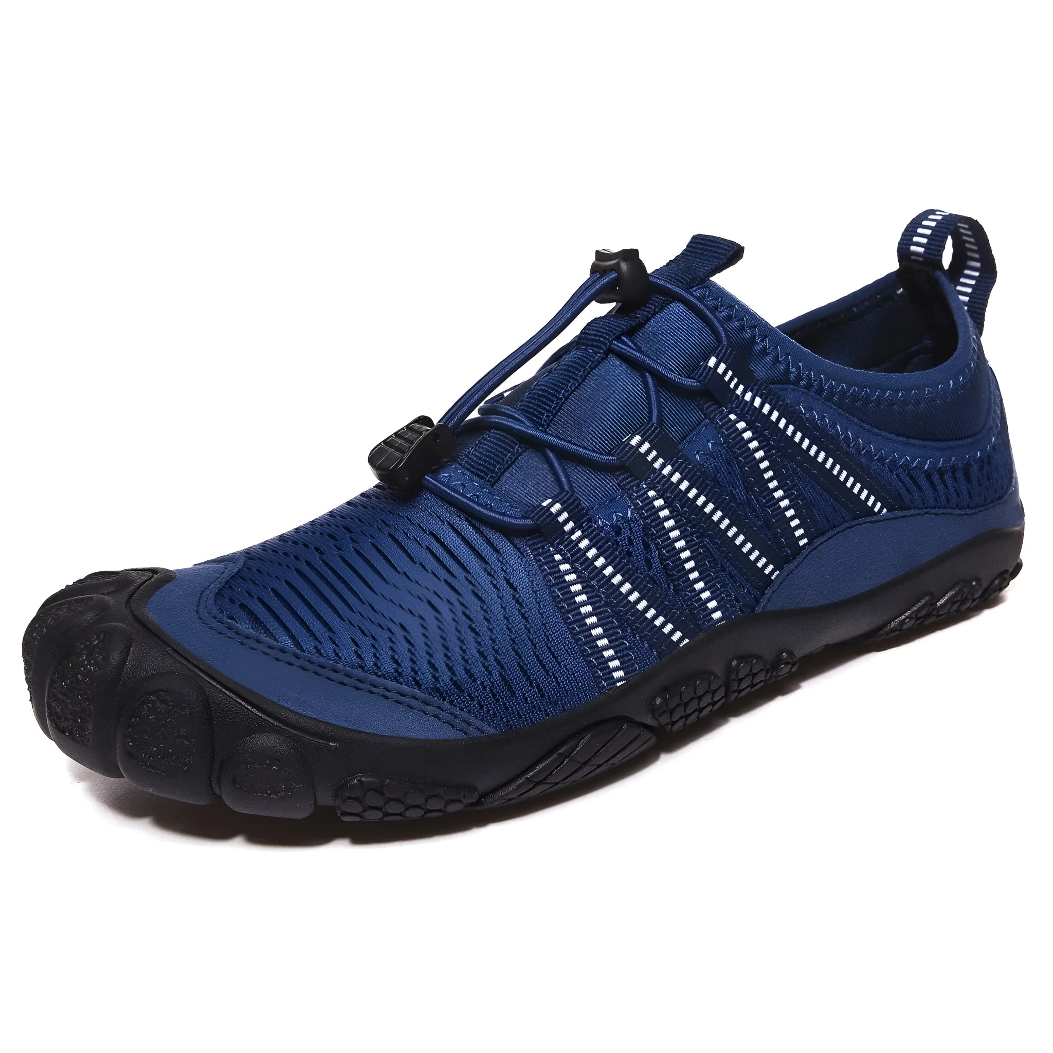Low-profile mesh water shoes with rubber sole in black, grey, blue, or purple for river tracing and wading.