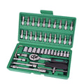 Green plastic case open to show a 46-piece alloy steel socket and wrench set for car repair.
