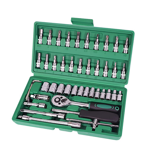 Green plastic case open to show a 46-piece alloy steel socket and wrench set for car repair.