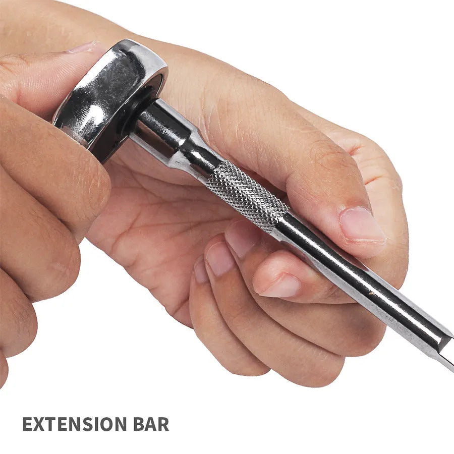 Green plastic case open to show a 46-piece alloy steel socket and wrench set for car repair.