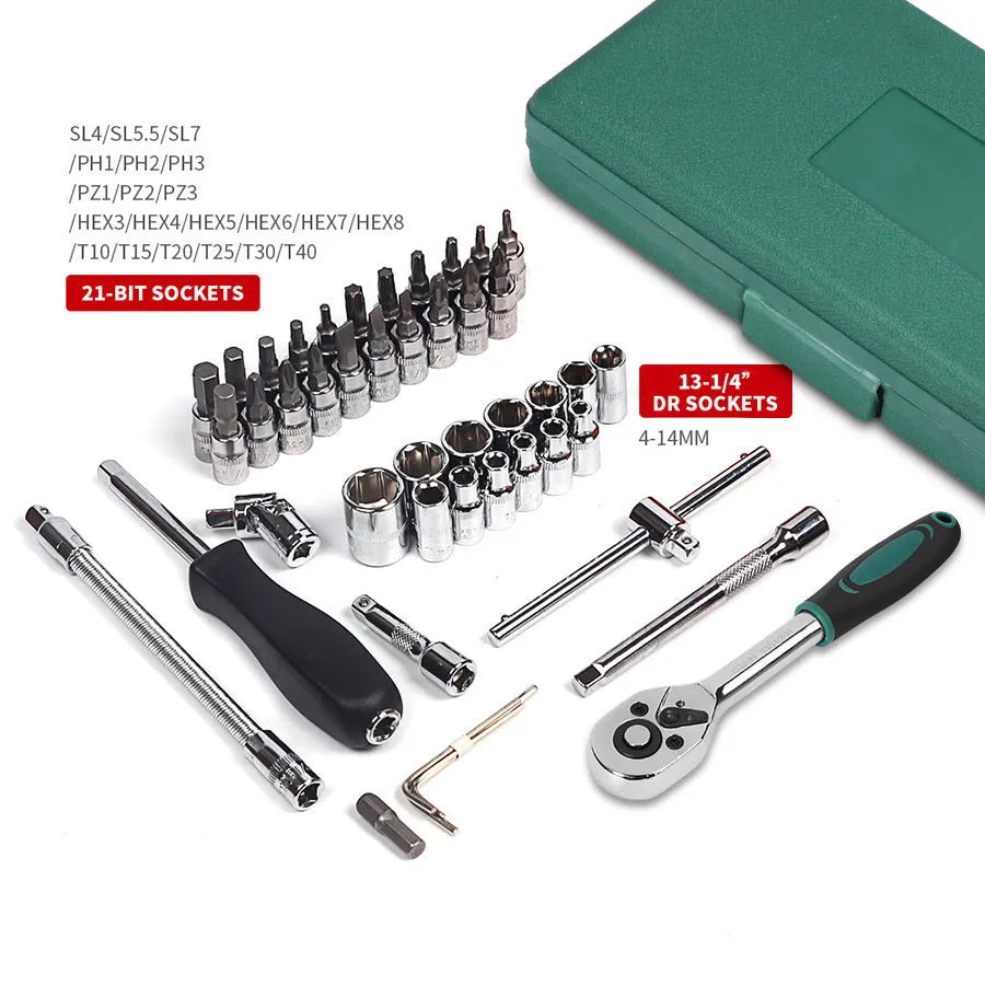 Green plastic case open to show a 46-piece alloy steel socket and wrench set for car repair.