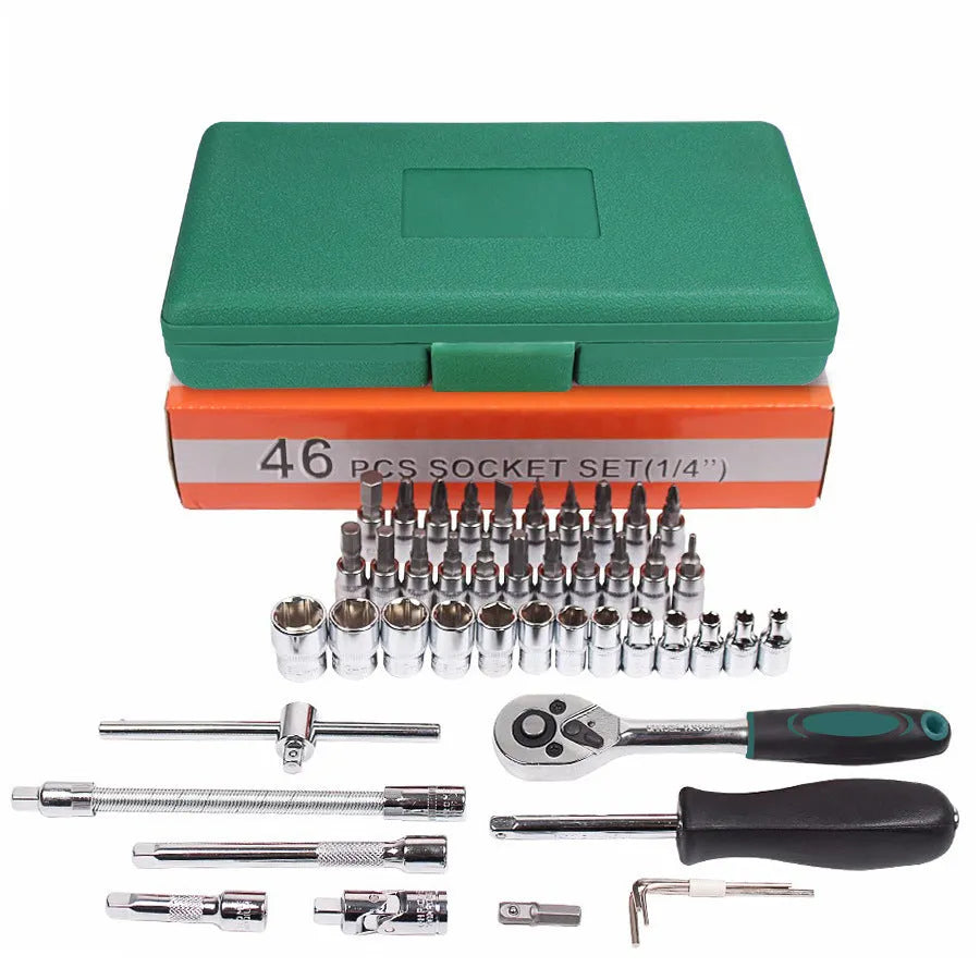 Green plastic case open to show a 46-piece alloy steel socket and wrench set for car repair.