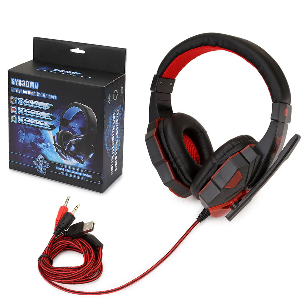 Wired black and blue gaming headset with RGB lights on the ears, showing tanned leather cushions and a braided cable.