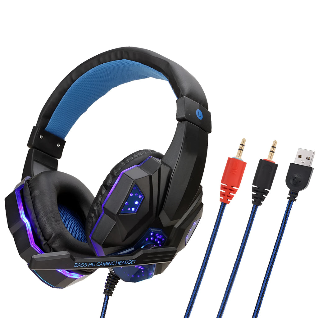 Wired black and blue gaming headset with RGB lights on the ears, showing tanned leather cushions and a braided cable.
