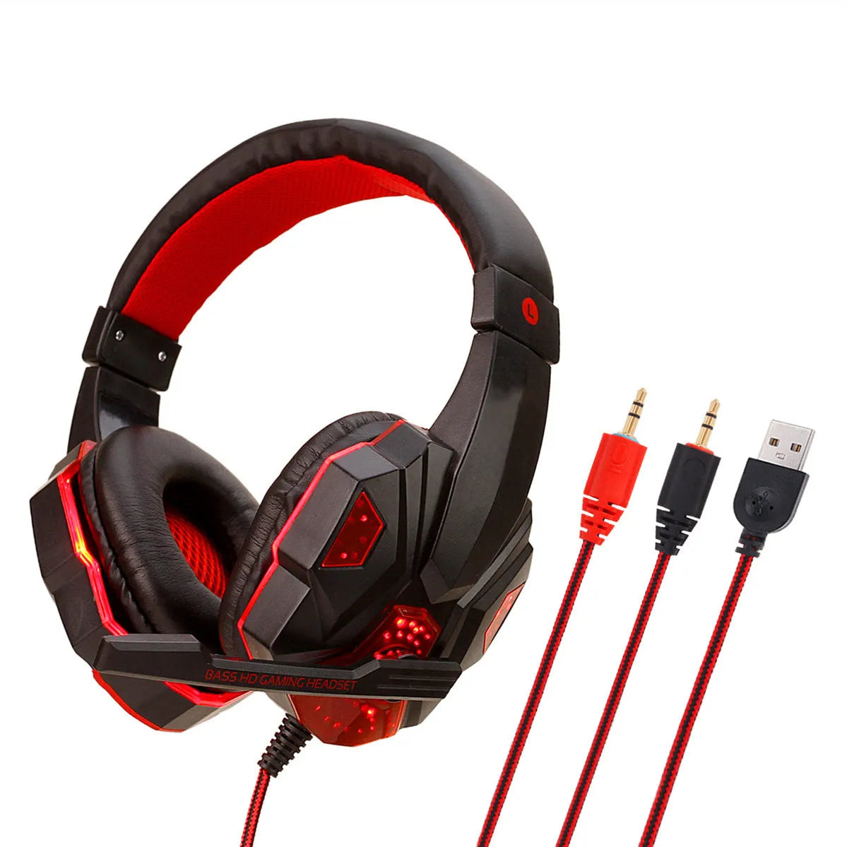 Wired black and blue gaming headset with RGB lights on the ears, showing tanned leather cushions and a braided cable.
