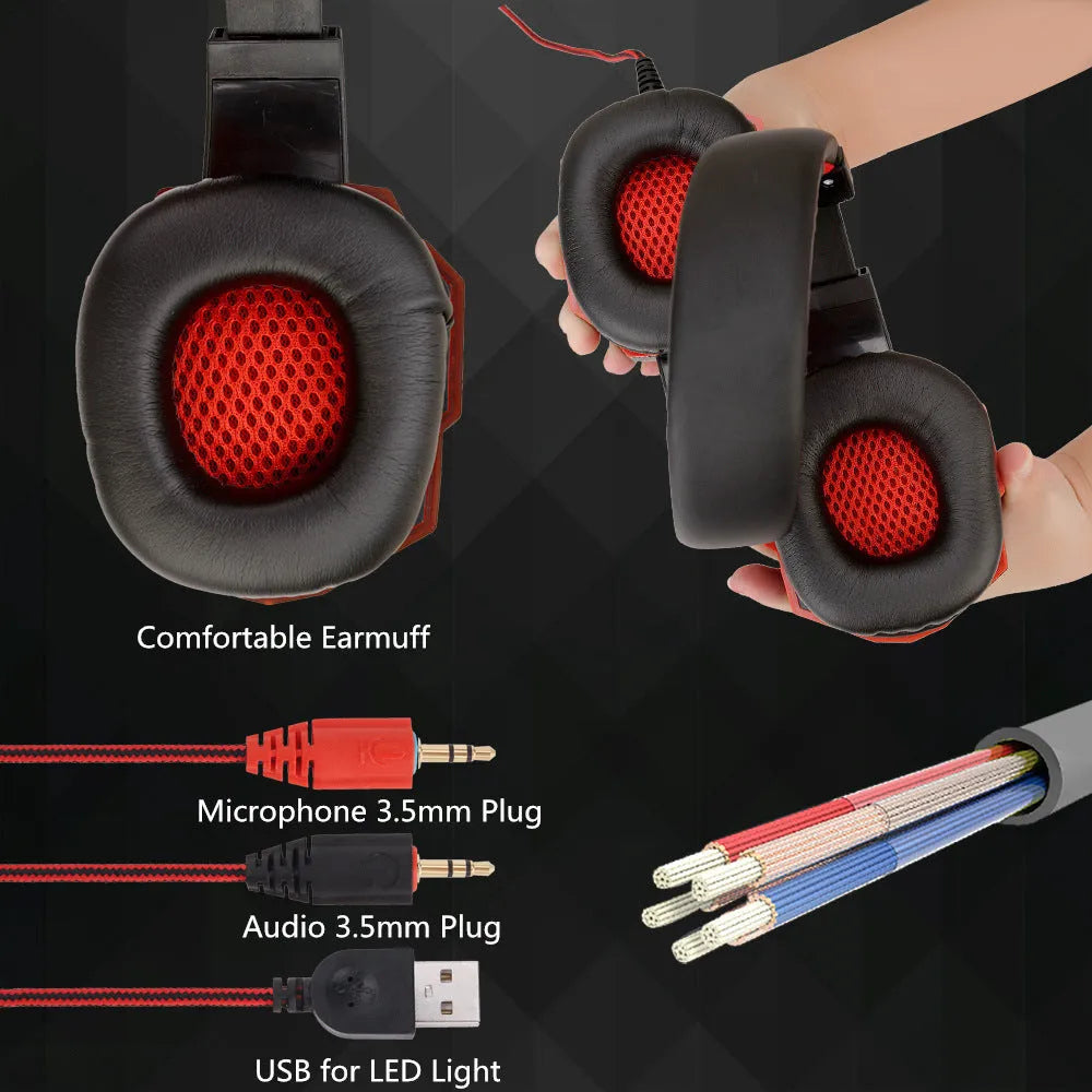 Wired black and blue gaming headset with RGB lights on the ears, showing tanned leather cushions and a braided cable.