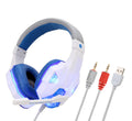 Wired black and blue gaming headset with RGB lights on the ears, showing tanned leather cushions and a braided cable.