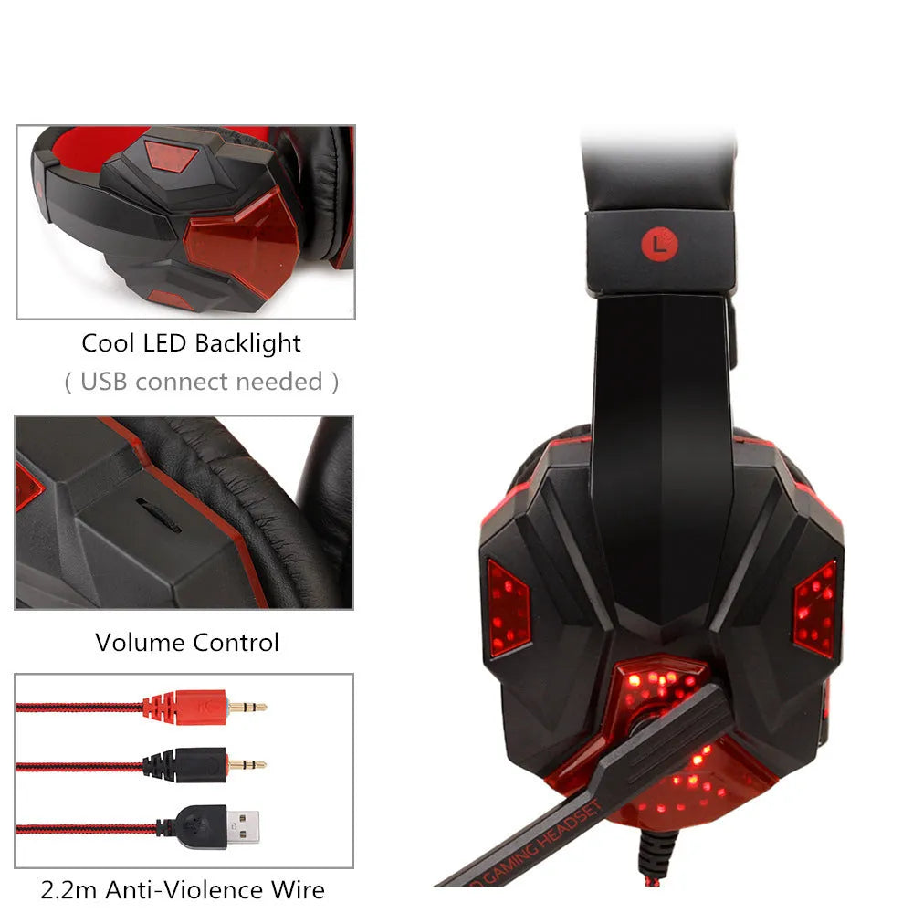 Wired black and blue gaming headset with RGB lights on the ears, showing tanned leather cushions and a braided cable.
