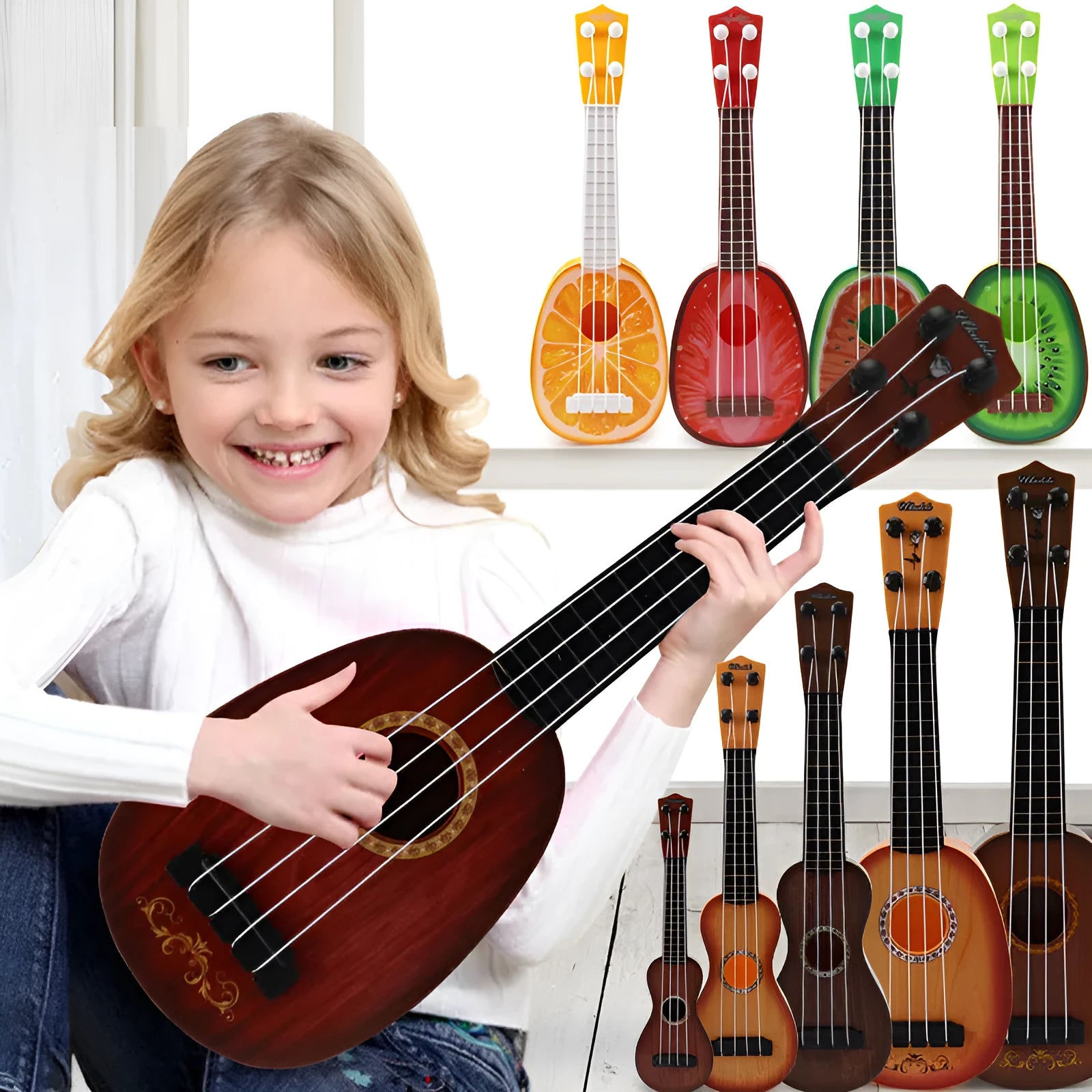 Colourful plastic ukulele toy for children with 10 style options including A, C, E, G, H, I, J