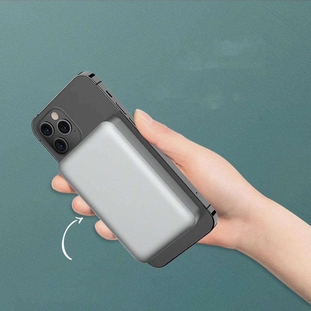 Silver aluminium wireless magnetic charging power bank showing USB-C port and dimensions