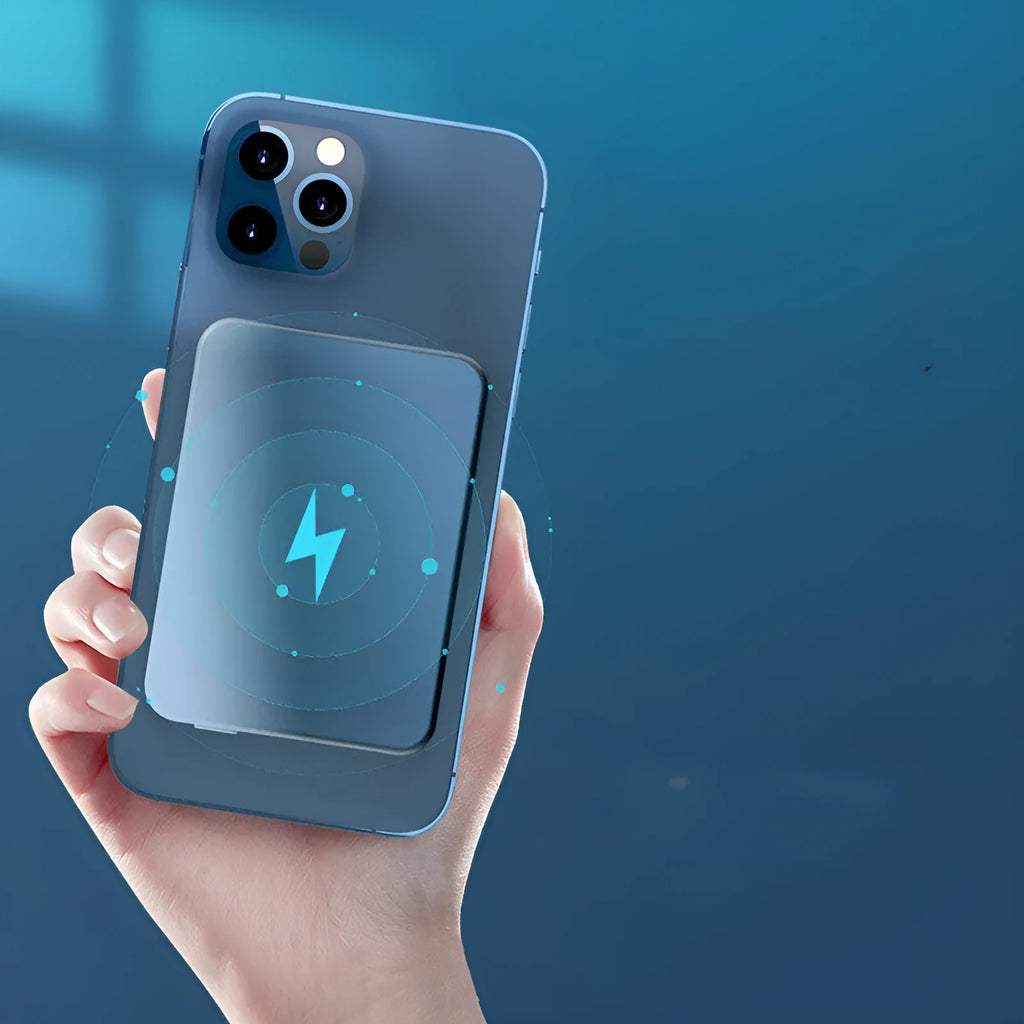 Silver aluminium wireless magnetic charging power bank showing USB-C port and dimensions