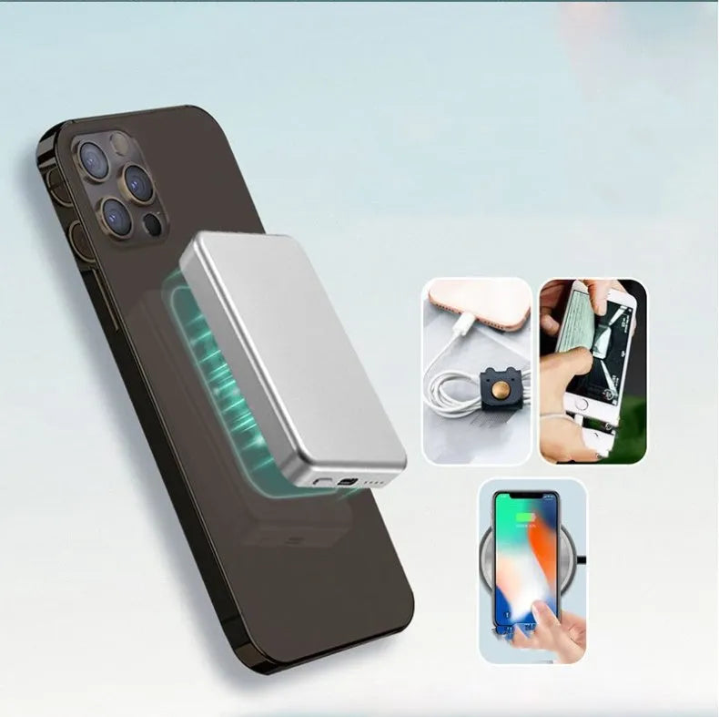 Silver aluminium wireless magnetic charging power bank showing USB-C port and dimensions