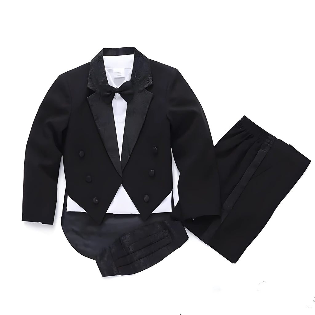Children's formal suit set in black with long sleeves and trousers, isolated on white background