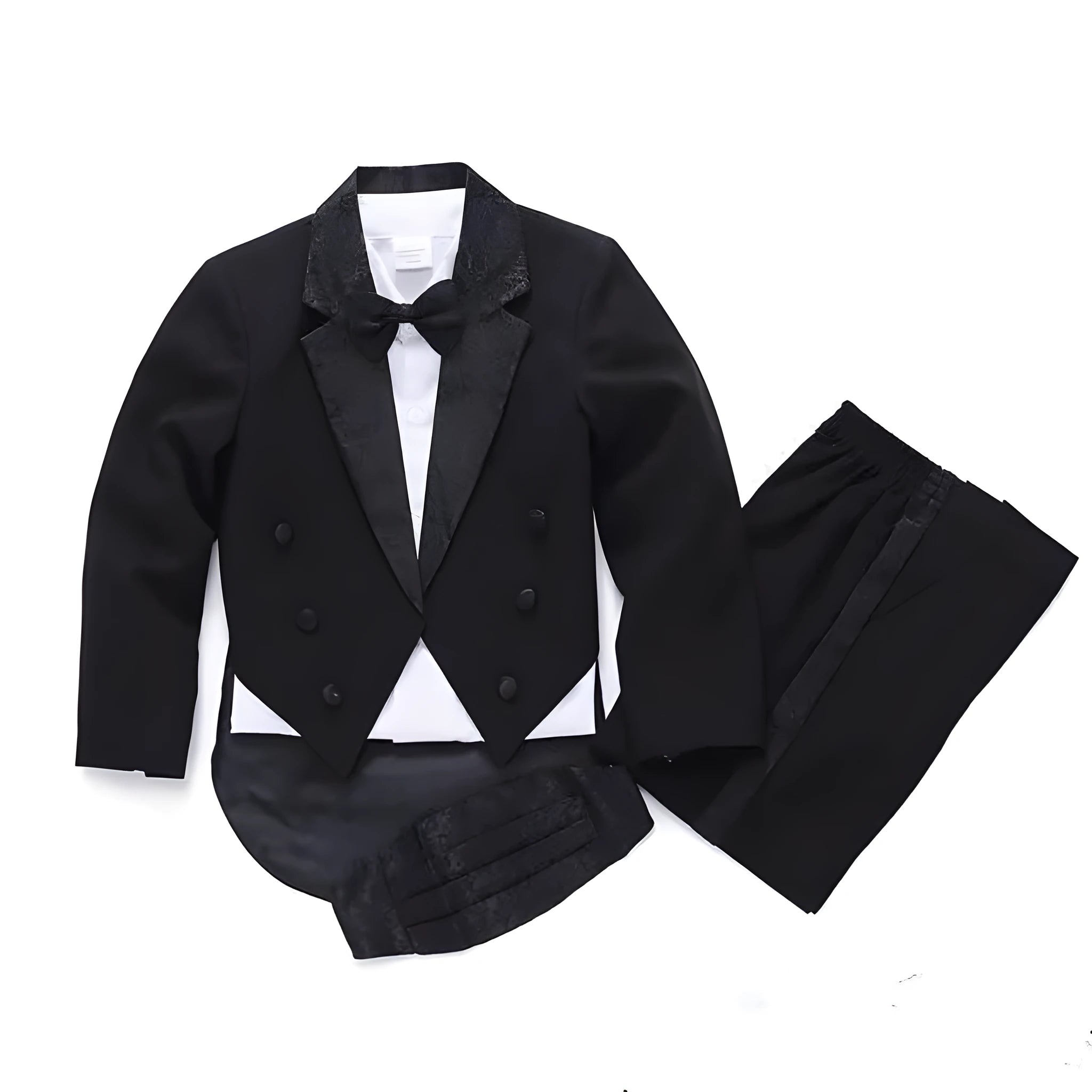 Children's formal suit set in black with long sleeves and trousers, isolated on white background