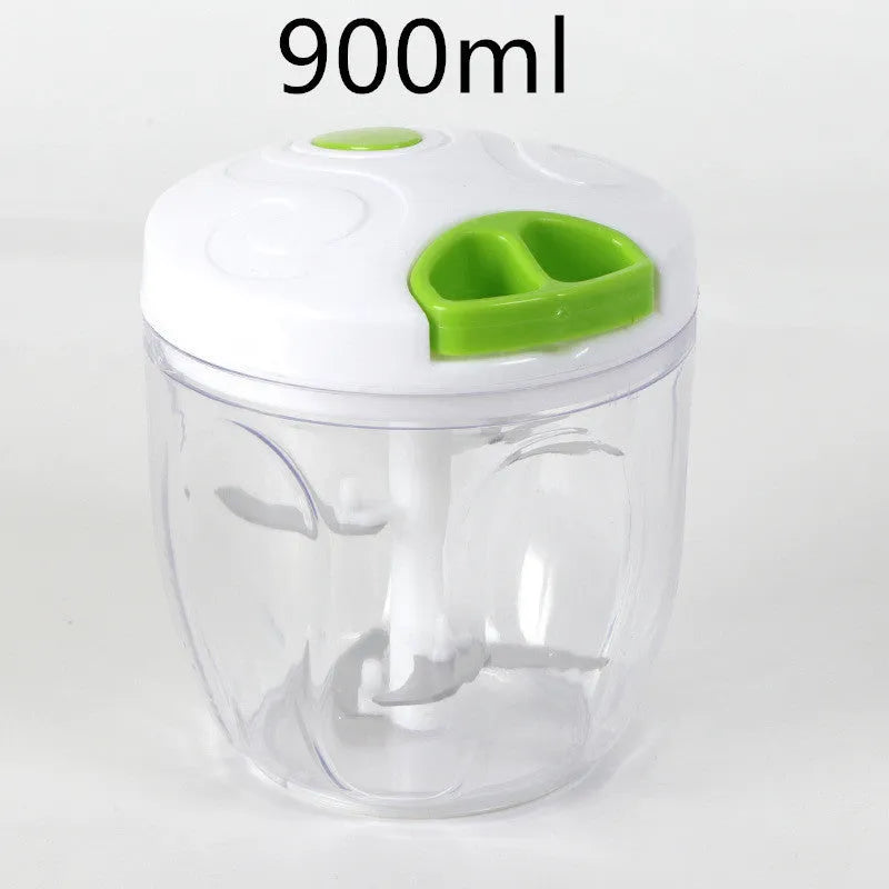 Green manual food chopper with lid open, showing three stainless steel blades inside a 500ml plastic container.