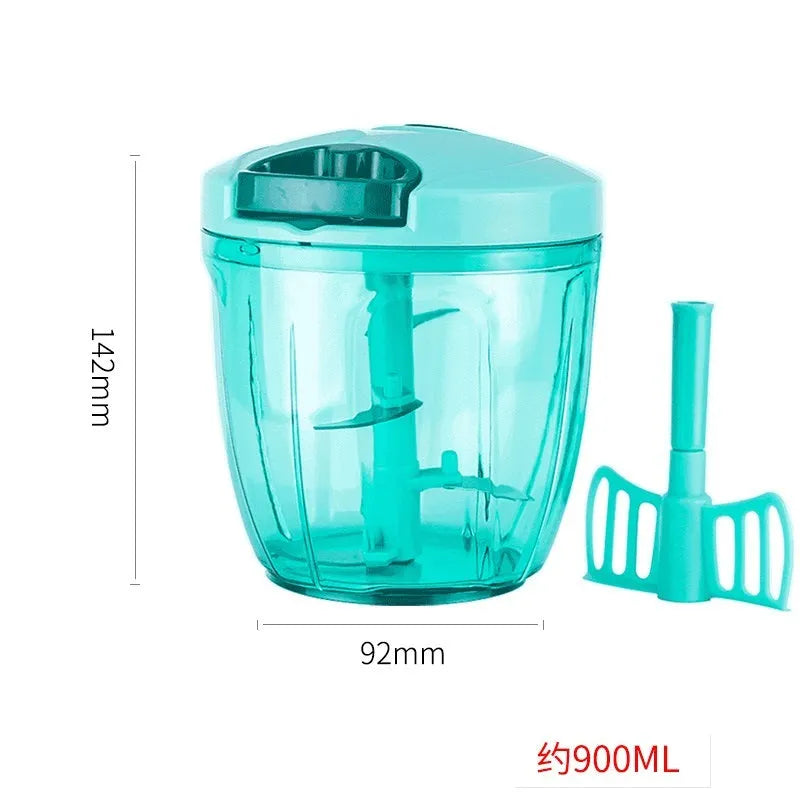Green manual food chopper with lid open, showing three stainless steel blades inside a 500ml plastic container.