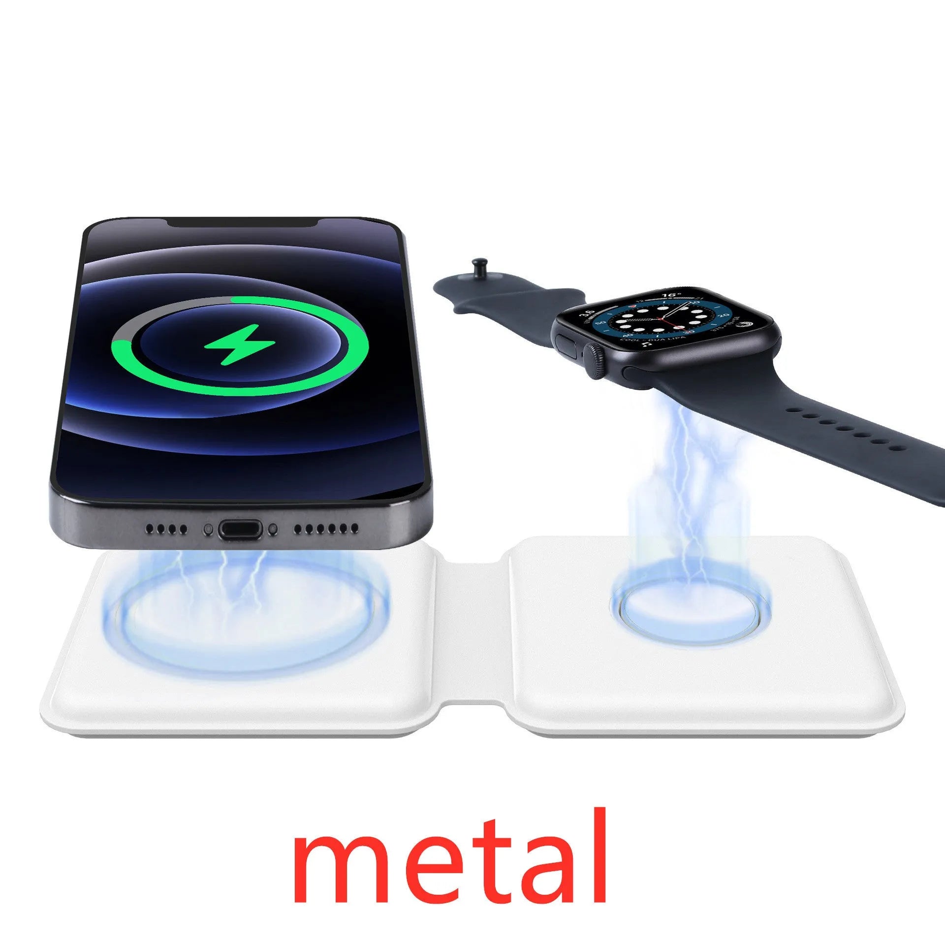 White 2 in 1 magnetic wireless charging dock with foldable design showing dual charging surfaces