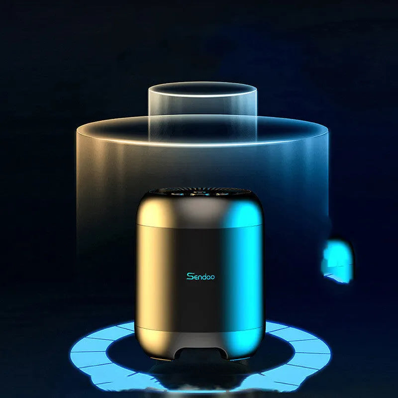 Small black wireless Bluetooth speaker with card reader slot and USB port