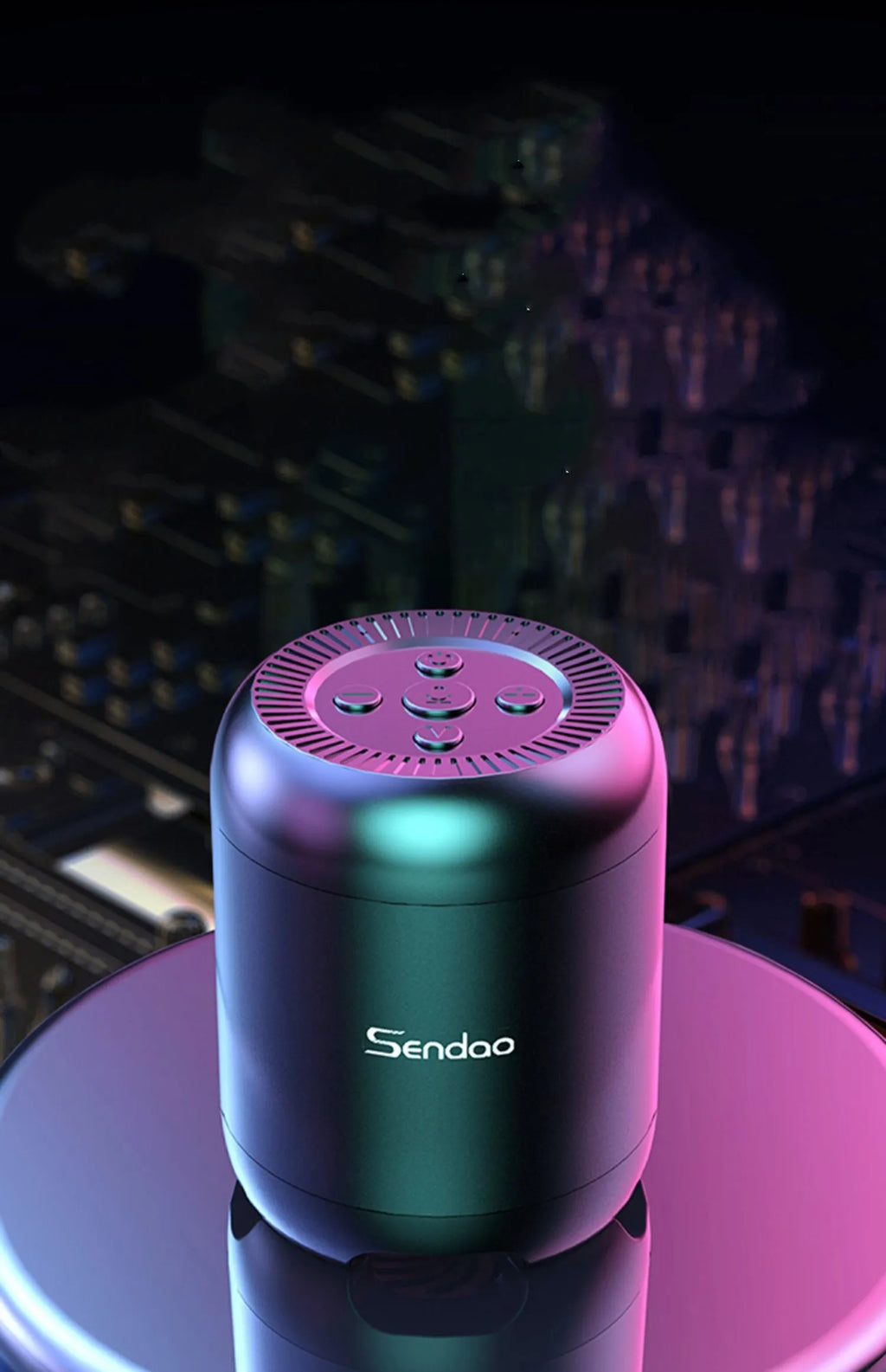 Small black wireless Bluetooth speaker with card reader slot and USB port