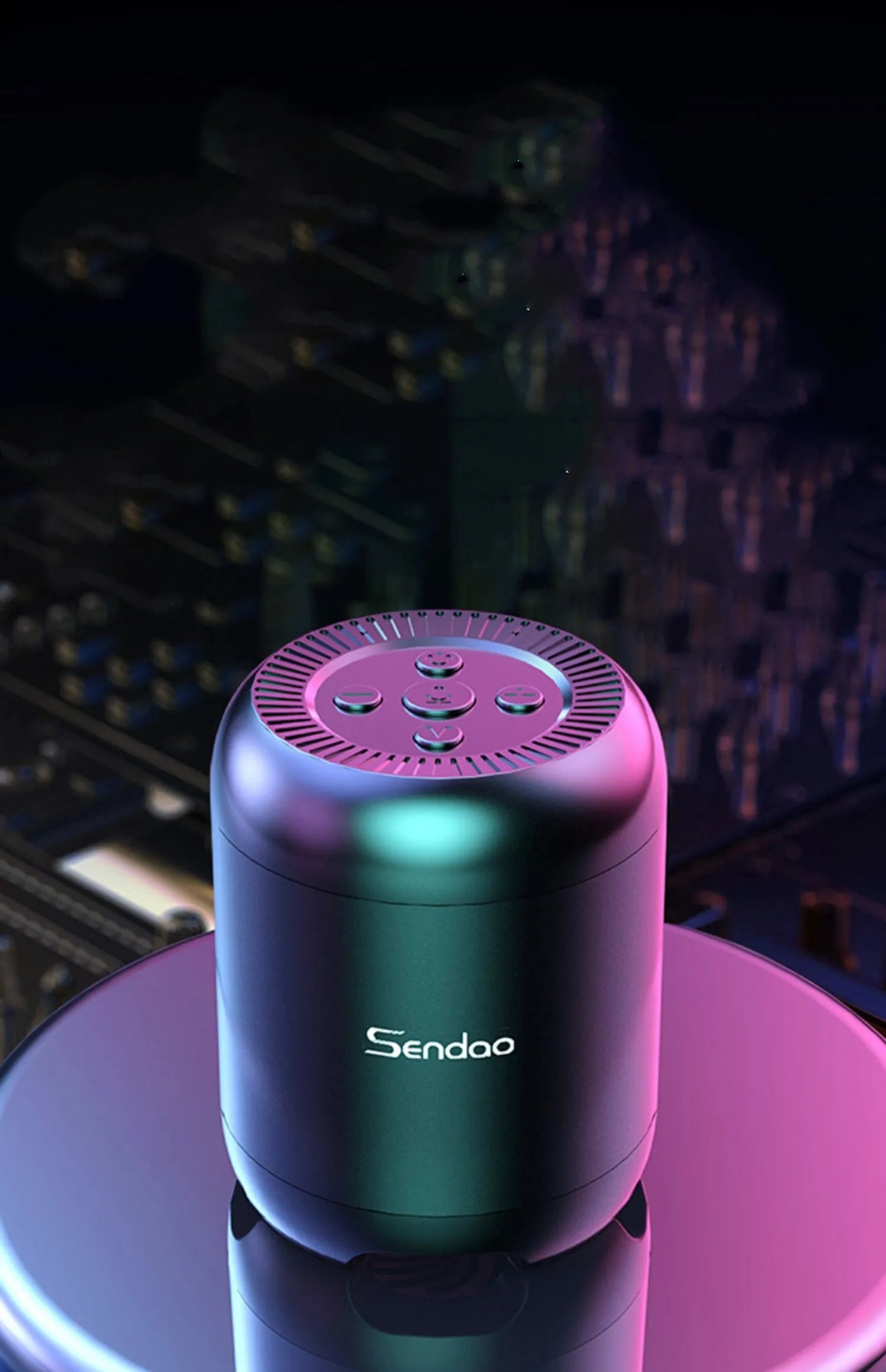 Small black wireless Bluetooth speaker with card reader slot and USB port