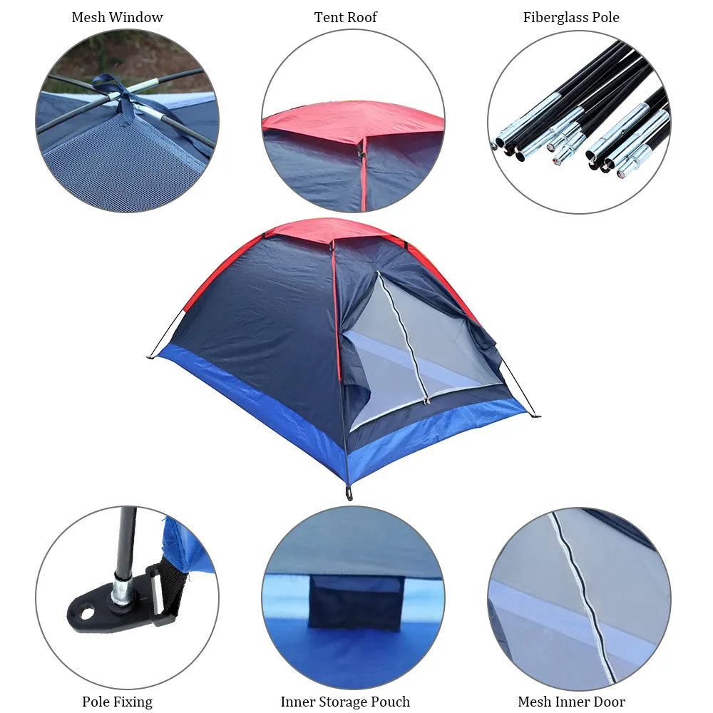 Navy blue outdoor double camping tent with glass fiber poles and Oxford cloth base on grass, 2-person size